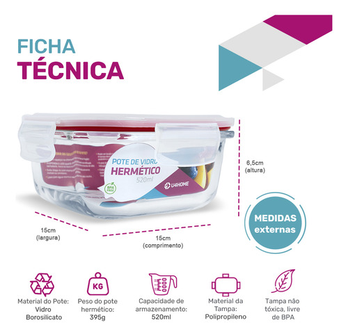 Kit 2 Potes De Vidro Quadrado Com Tampa Hermética 520ml Cor Vermelho U4home