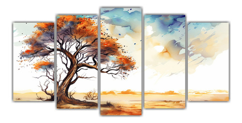 100x50cm Cuadro Árbol Acuarelas Colores Cálidos Flores