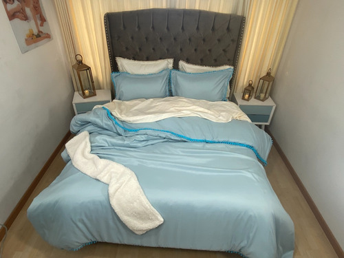 Funda Para Plumón Tipo Duvet Queen Con Borlas Azul Celeste