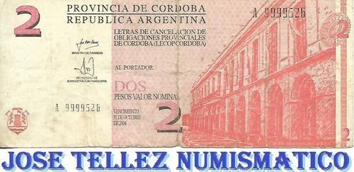 Ec# 280 Bono 2 Pesos Cordoba Serie A Año 2001 B- Palermo