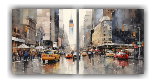 40x20cm Cuadros Tela Dibujo New York Gris Champán Mar