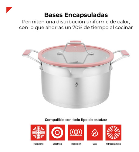 Bogner Batería De Cocina 7 Pz Acero Inox Bcps06 Rosa Rosa