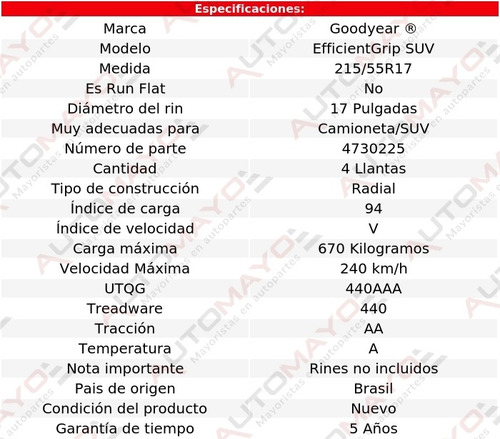 Pack 4 Llantas Efficientgrip Suv Goodyear 215/55r17 94v