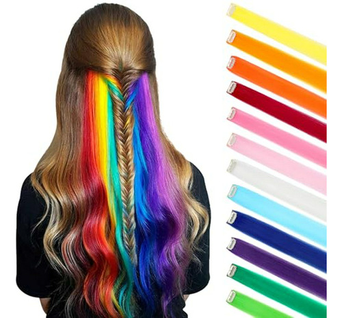 Felendy Extensiones De Cabello De Colores, 12 Piezas 12 Colo