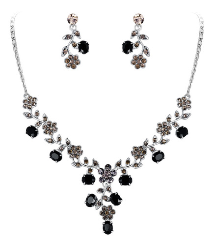 Ever Faith Juego Collar Aretes Flor Boda Novia Fiesta Color Negro-plata