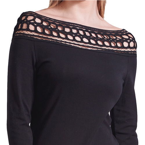 Vestido Corto Manga Larga Cuello Bote Guipur Algodón Y Lycra