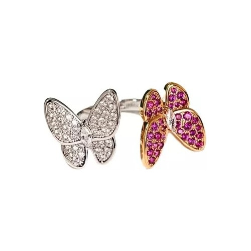 Anillo Doble Mariposa Ajustable Plata S925/oro Rosa Cristal 