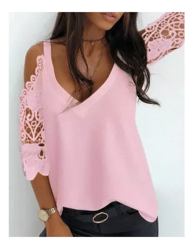 Blusa Casual De Encaje Liso Con Hombros Descubiertos Y Cuell