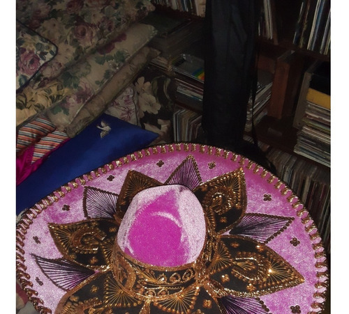 Sombrero Mariachi Dama Gamuza Rosa Adornos Dorado Y Negro