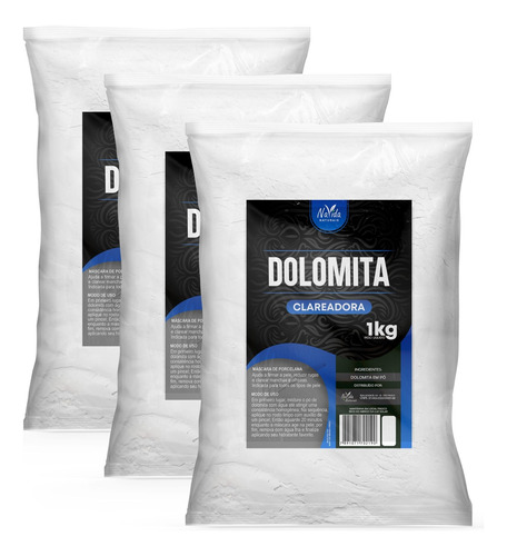 Dolomita Pó Clareadora 1kg Máscara Facial Pura 3 Unid