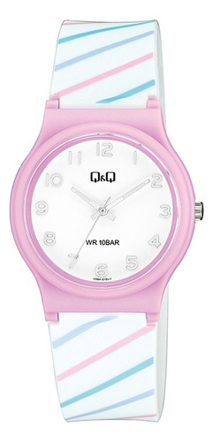 Reloj By Q&q Juvenil Dama Sumergible Malla Blanco Con Rayas Bisel - Fondo Blanco