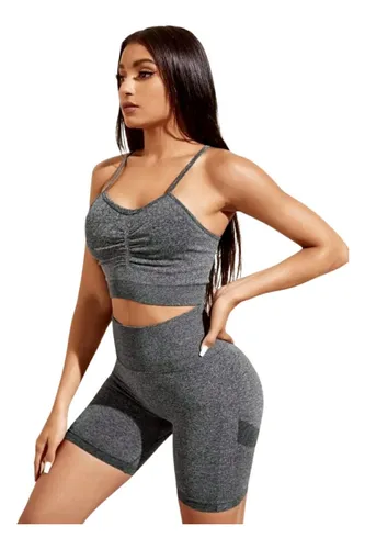 Conjunto Deportivo Biker Short Push Up + Crop Top Gris