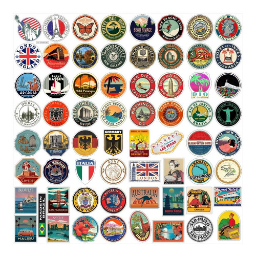 Imagem 2 de 2 de 64x Adesivos Hotéis Diversos Países Lugares Malas Viagem