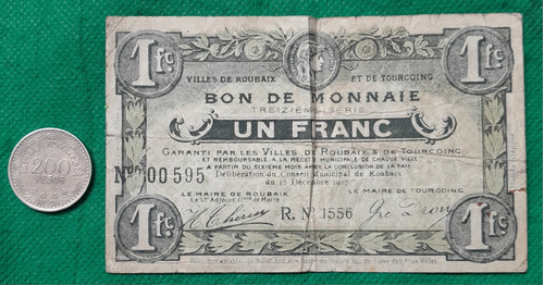 Billete (vale De Monedas) De Un Franco (francia) Año 1917.