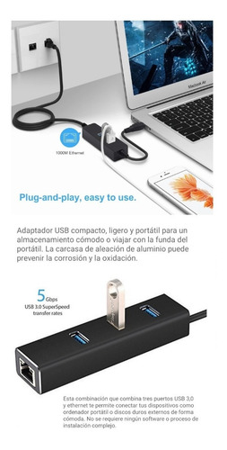 Adaptador Usb 3.0 Hub A Rj45 Ethernet Con 3 Puertos Usb 3.0