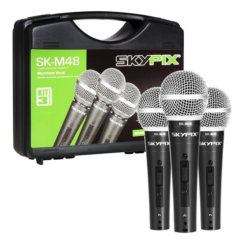 Kit 3 Microfones Profissional De Fio Skypix Skm48 Com Maleta Cor Preto