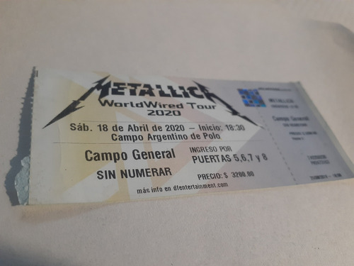 Metallica Entrada 2020 World Whired Tour 