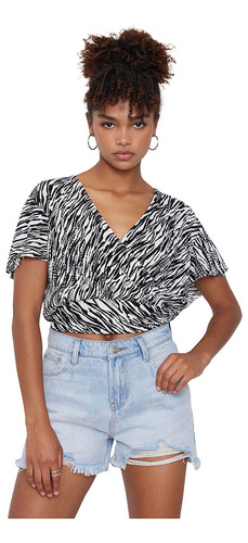 Blusa Mujer Plisada Manga Corta Cebra Print Corona