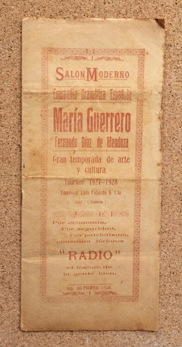 Cali Programa  M. Guerrero  1927 Salón Moderno Cine Antiguo