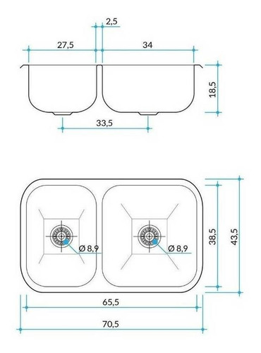 Imagen 3 de 3 de Pileta de cocina doble Johnson Acero R 63/18 F de acero inoxidable 304 pulido standard 37 cm x 64 cm x 18 cm