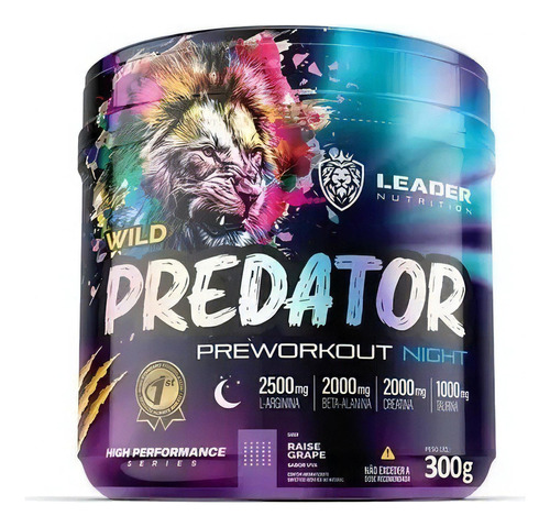 Pré Treino Sem Cafeína Predator Night 300g Leader Nutrition Concentrado Sabor Uva