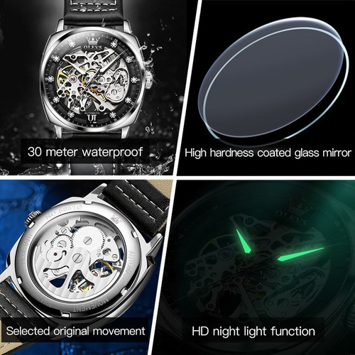 Olevs Leather Hollow Out Reloj Mecánico Para Hombre Color Del Bisel Silver Black
