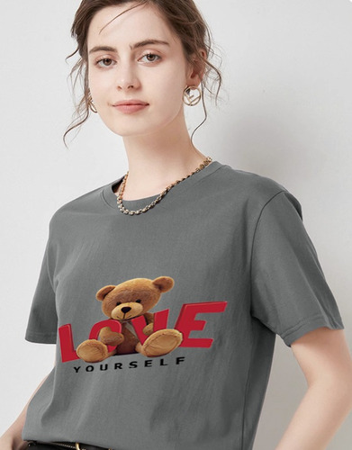 Camiseta Casual Con Estampado De Eslogan De Oso Para Mujer