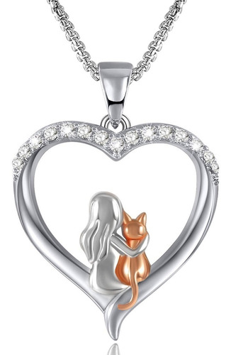 Imagen 1 de 4 de Collar Colgante Plata 925 Corazón Gato Mujer Amor Mascota 