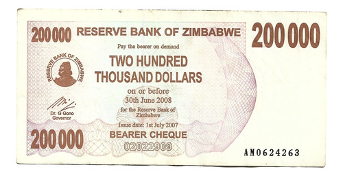 Liquido Billete De Zimbabwe.  200.000 Dólares 2007 Bearer 