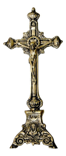 Crucifixo Mesa Altar Todo Trabalhado Bronze Igreja Padres Cor Dourado-escuro