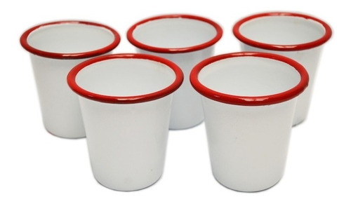 Caja De 6 Vasos Enlozados Blancos Borde Rojo.