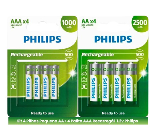 4 Pilhas Aa + 4 Pilhas Aaa Philips Recarregável Controles 