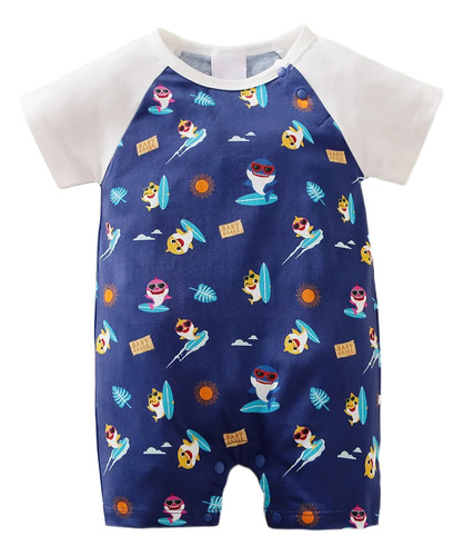 Mameluco De Verano De Algodón Bebé Con Estampado De Tiburón Azul 9-12 M Floreado
