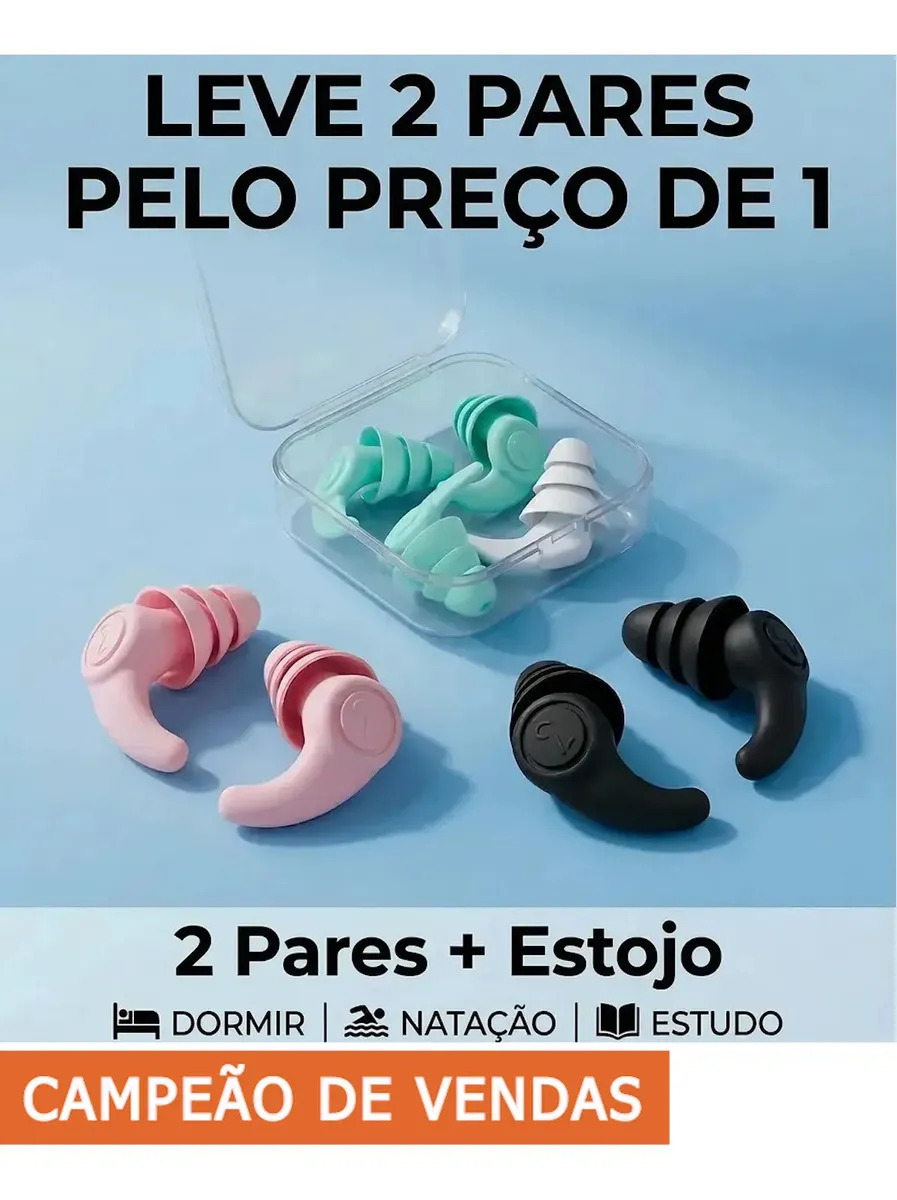 Tampão de Ouvido para Dormir e Natação de Silicone Reutilizável com Estojo – Kit 2 Pares