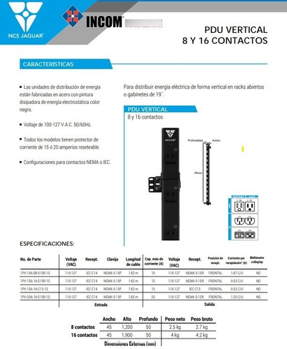 Pdu Vertical 16 Contactos Nema5-15p 15a Frontales Ncs Jaguar