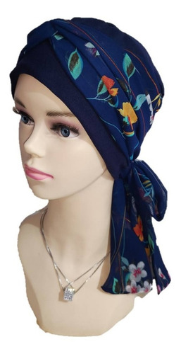 Turbante Gorro Mujer Elegante Oncológico, Algodón Y Mascada Color Azul Marino Est 2