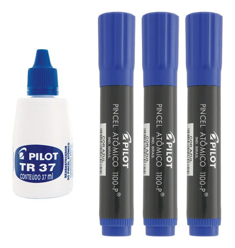 3 Pincel Atomico Canetao Recarregavel Azul Pilot 1100 +refil