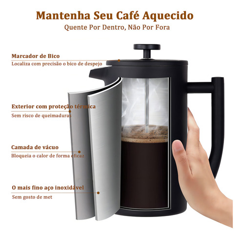 Icoffee Prensa Francesa 700ml De Aço Inoxidável Com Três Telas De Filtro Cor Preto
