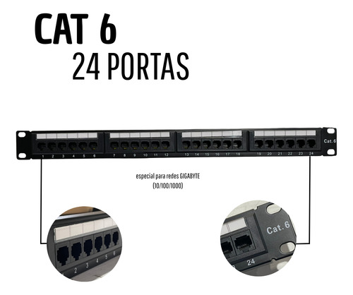 Patch Panel 24 Portas Cat6 Rj45 Rede Lan Utp