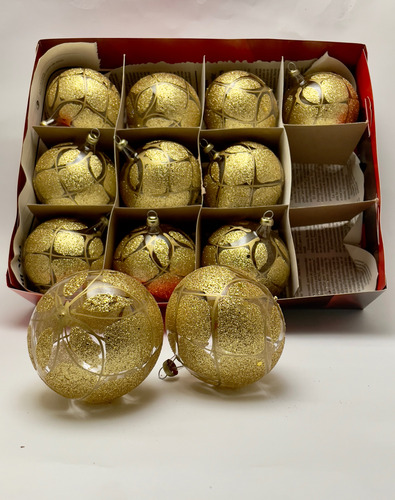12 Esferas Medianas De Navidad Artesanales De Vidrio Soplado Decorada Destello Real 1