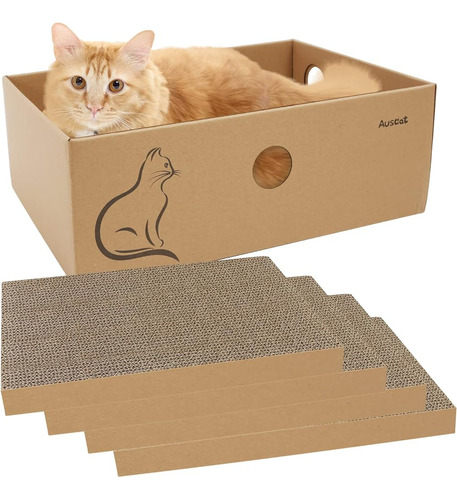 Auscat Rascador De Cartón Para Gatos Con Caja, 4 Piezas Reve