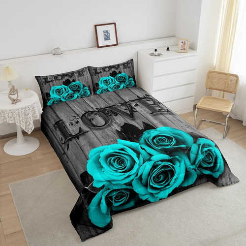 Juego De Ropa De Cama Gris Turquesa, Juego De Edredón Con Fl