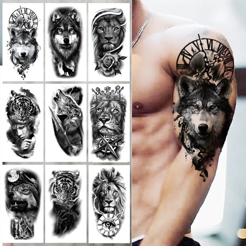 9 Tatuajes Temporales Grandes  Lobos Tigres Hombre Mujer