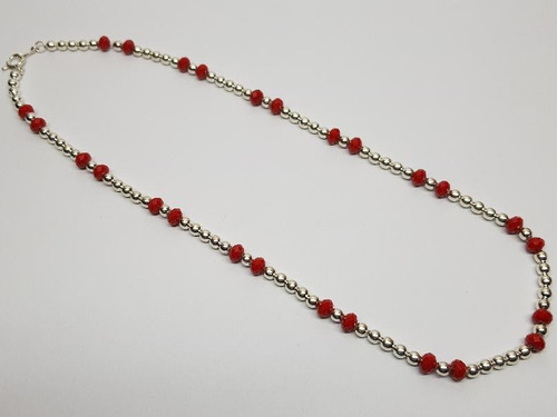 Imagen 4 de 5 de Cadena Plata Bolitas Y Cristal Rojo X 45 Cm
