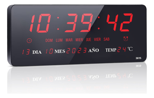 Reloj De Pared Led Rojo Con Termómetro Y 8 Alarmas 36x15 Cm