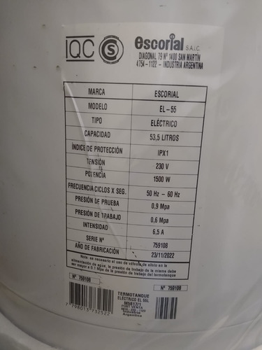 Imagen 6 de 7 de Termotanque eléctrico Escorial Eléctricos 55L blanco 53.5L 220V
