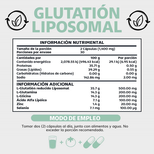 L- Glutation Liposomal - Suplemento Alimenticio -60 Cápsulas Sin Sabor
