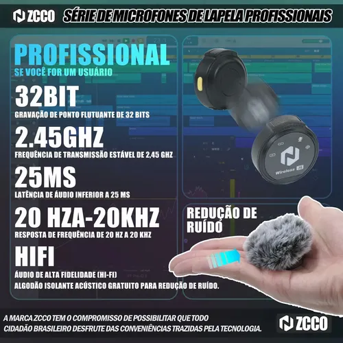Microfone Sem Fio Zcco J6 Duplo Lapela Anti Ruido 2interface Preto