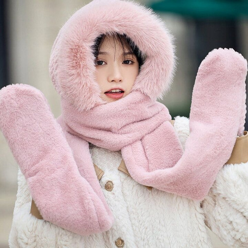 Conjunto 2 En 1 Gorro Bufanda Abrigado Invierno Frío Peluche Rosa Único