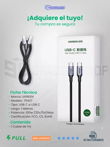 Cable Cargador Ugreen Usb C De Carga Rápida 100 W 480 Mbps 1 M